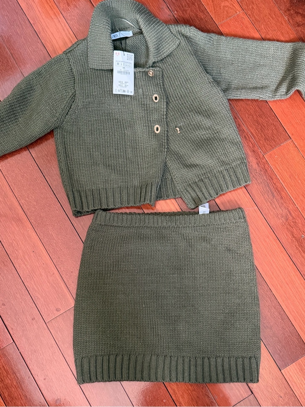 Zara Olive Green Knit Blazer and Skirt Set